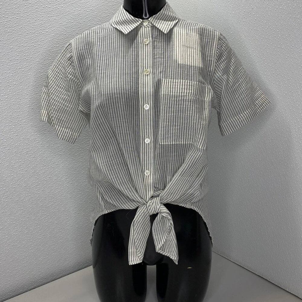 Theory Hekanina Striped Button-Up Shirt • Size P • Ivory/Navy Blue • Linen Blend